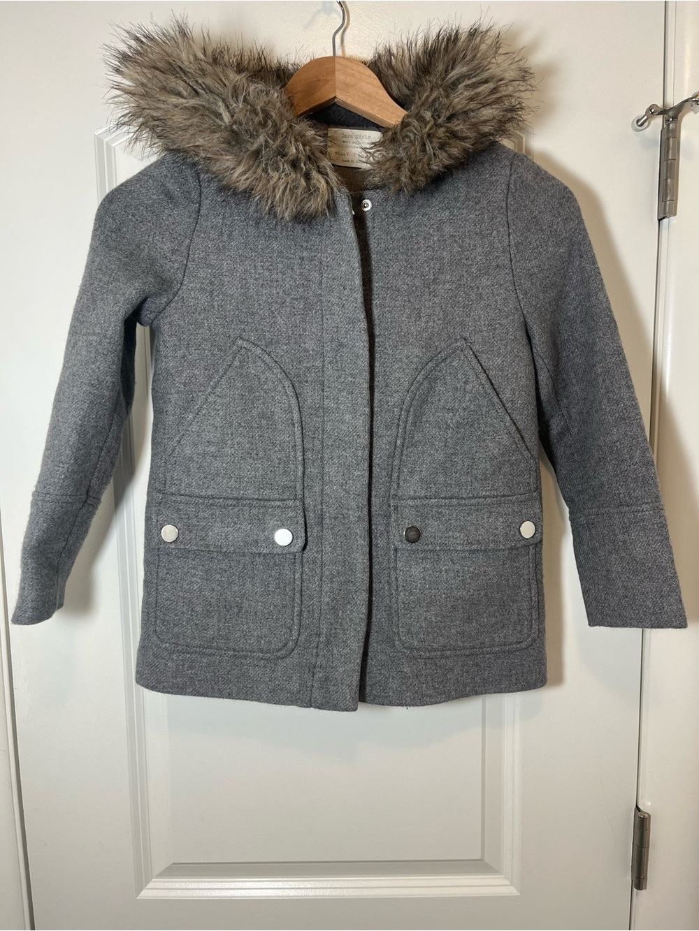 Children's Grey Hooded Wool-Blend Coat with Faux Fur Trim